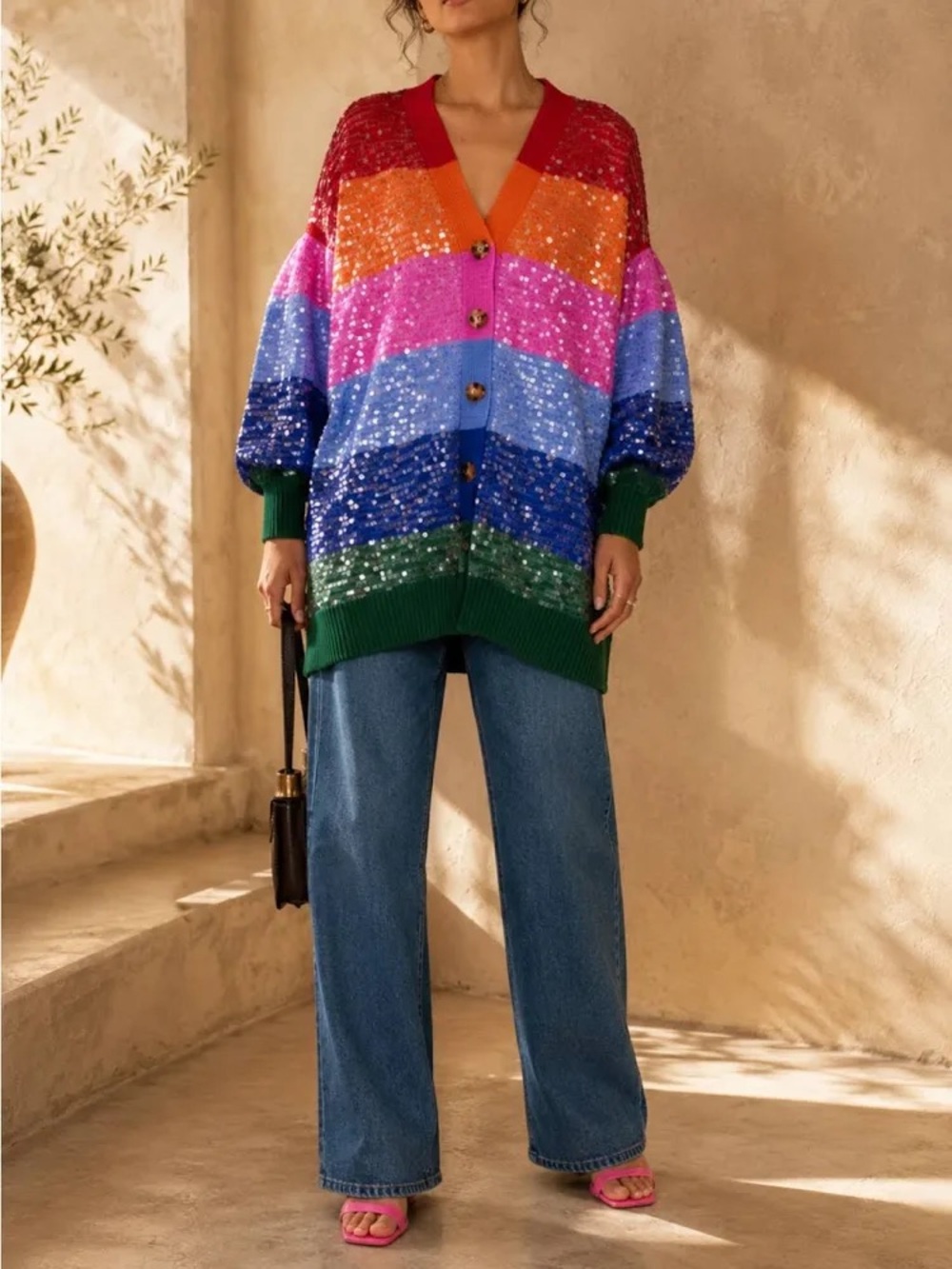 Farm rio Colorblock Sequin Stripe V-Neck Cardigan Sweater - Multicolor